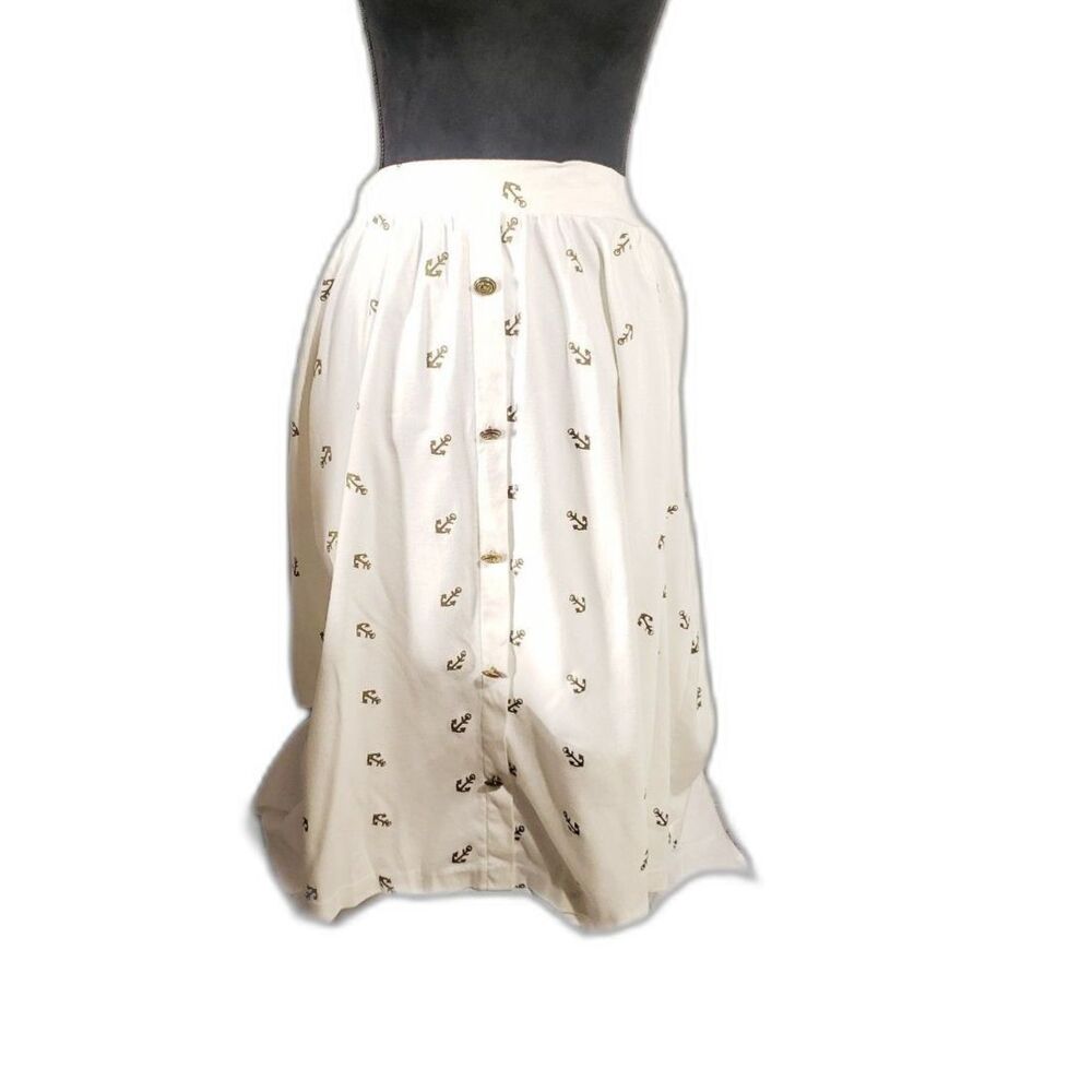Aileen Too 100% Cotton White Gold Nautical Midi Skirt Gold Buttons Size 18W/32